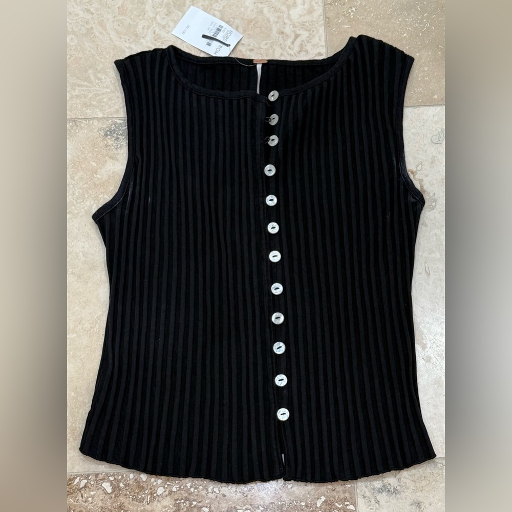 Free People Black Ribbed Button-Down Top